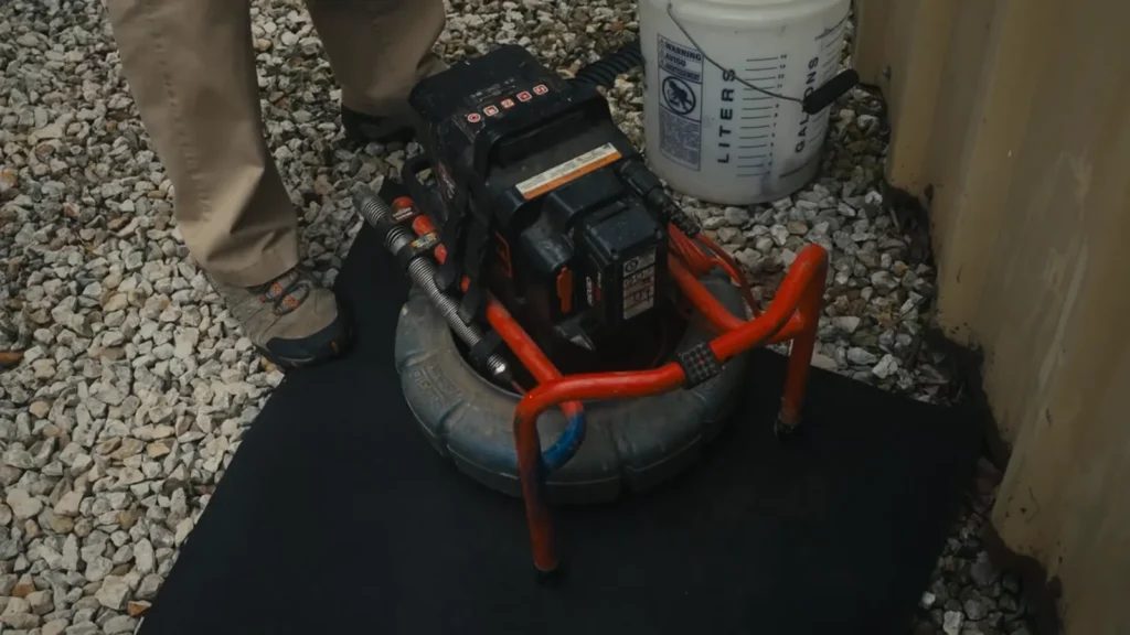 Drain snake machine set up to clear a clogged drain line