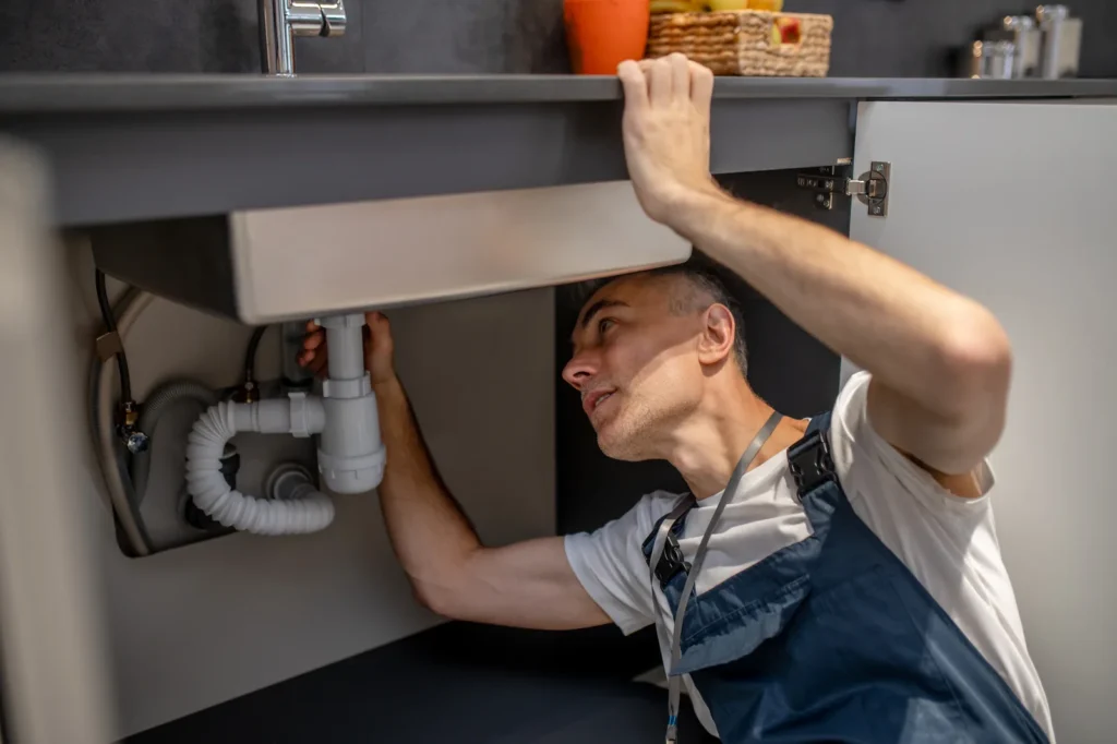Technician checking the drain under a kitchen sink